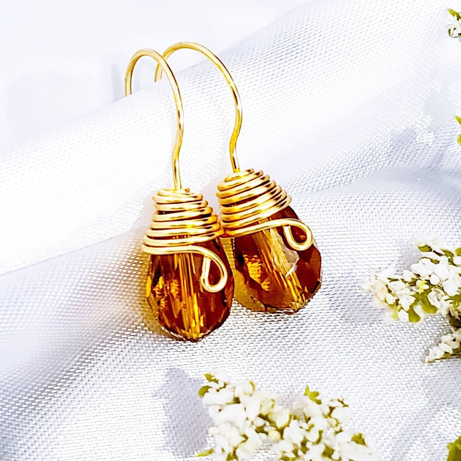 Huggie earrings, Small crystal earrings, Tear drop earrings, Tiny dangle earrings, Wire wrapped earrings, Funky earrings,Aunt gift Christmas