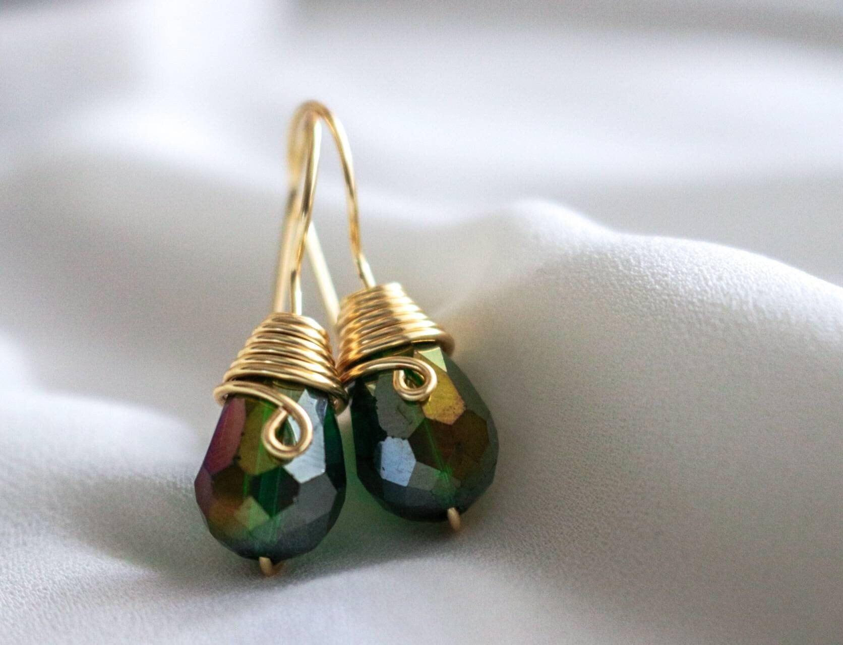 Tiny drop earrings, Teardrop earrings,Raw crystal earrings, Dark green earrings, Unusual earrings, Boho bride earrings, Wedding earrings