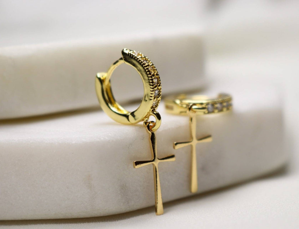 Cross Huggie Hoops, Cross Earrings, Cross Hoop Earrings, Hoop with Cross, Charm Hoop Earrings, Gold Hoop Earrings, Dainty Hoop