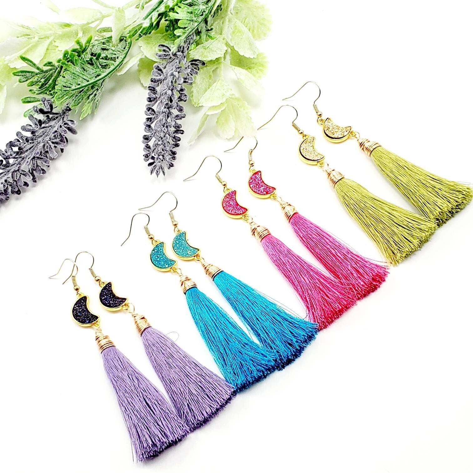 Moon phase earrings, Simple tassel, Lunar earrings, colorful tassels, Druzy earrings, single tassel, CRESCENT MOON Earrings, cheer earrings