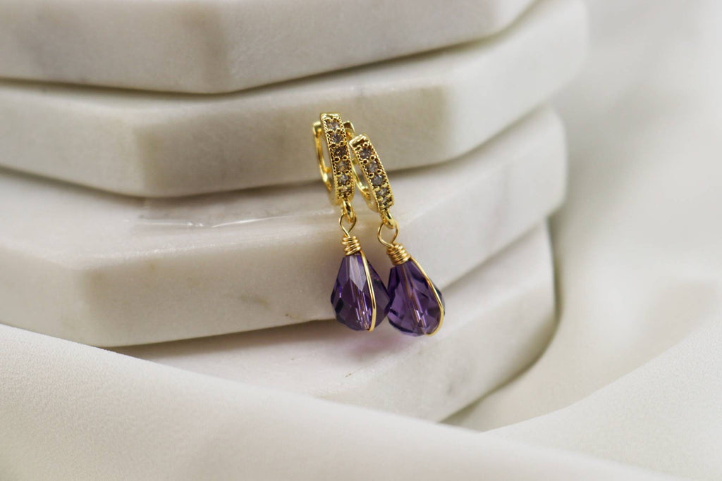february birthstone, Amethyst Crystal drop Hoop earrings, Huggie earrings, Small hoop earrings, Tiny hoop earrings, Hoop earrings with charm