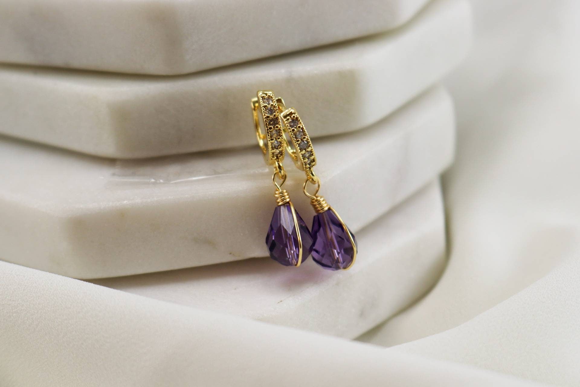 february birthstone, Amethyst Crystal drop Hoop earrings, Huggie earrings, Small hoop earrings, Tiny hoop earrings, Hoop earrings with charm