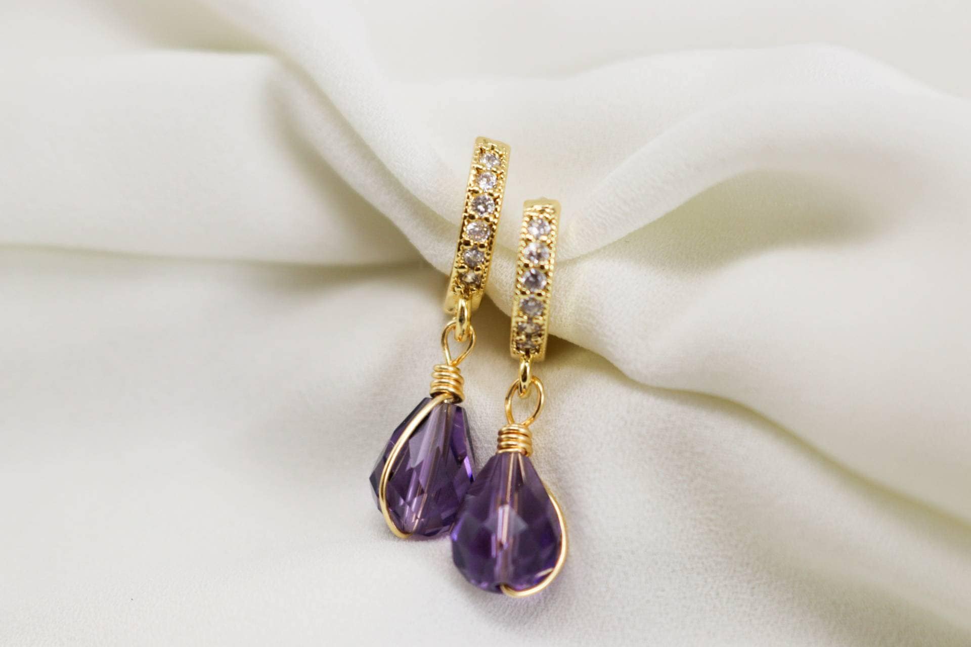 february birthstone, Amethyst Crystal drop Hoop earrings, Huggie earrings, Small hoop earrings, Tiny hoop earrings, Hoop earrings with charm