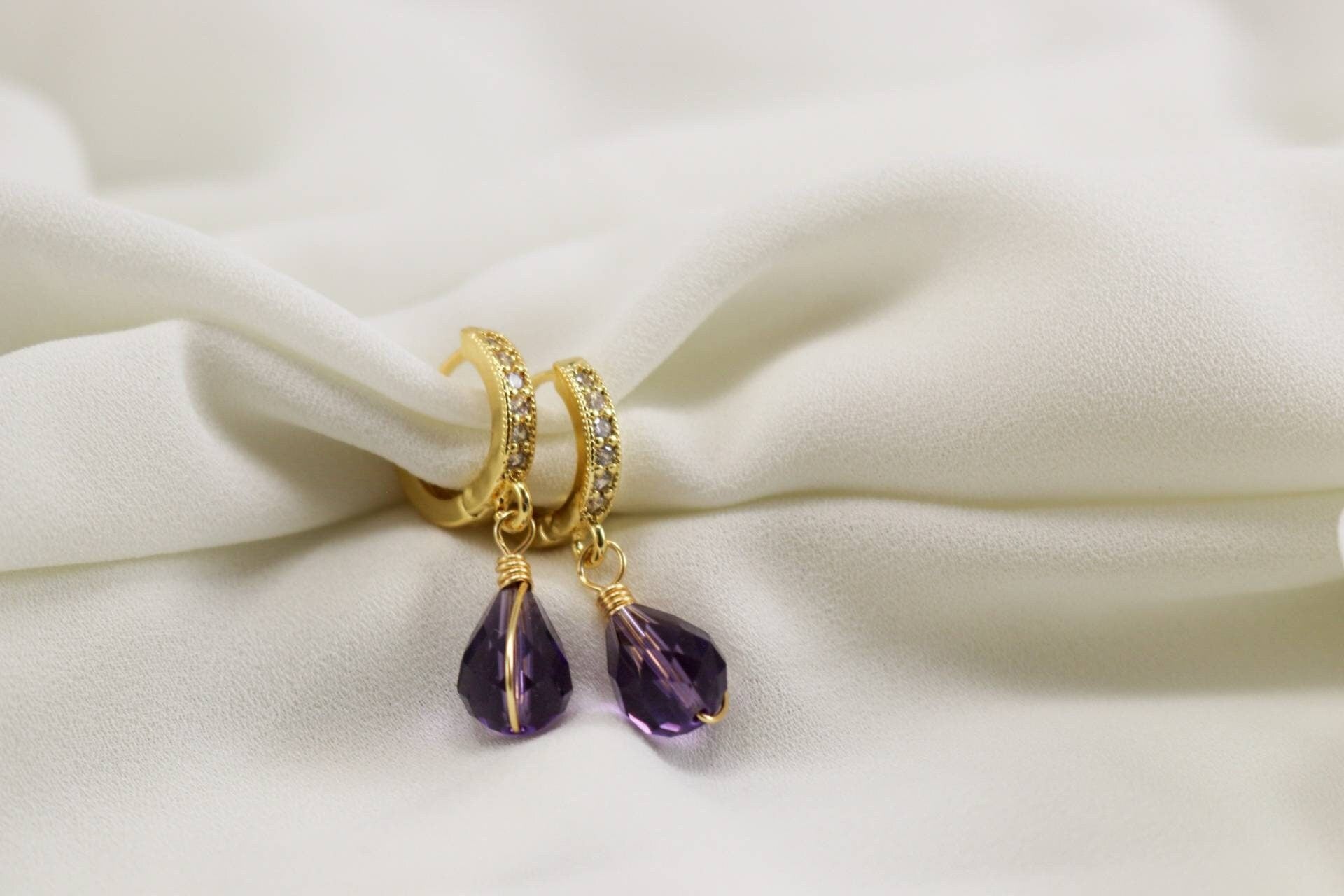 february birthstone, Amethyst Crystal drop Hoop earrings, Huggie earrings, Small hoop earrings, Tiny hoop earrings, Hoop earrings with charm