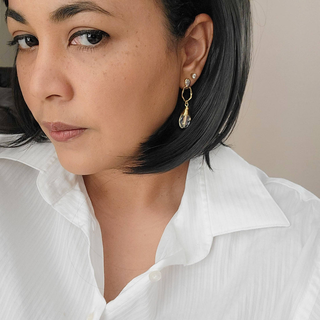 Clear quartz earrings, Huggie hoop earrings, Mini hoop earrings, Gemstone hoop earrings, Quartz Clear Glass Earrings, Large stone earrings