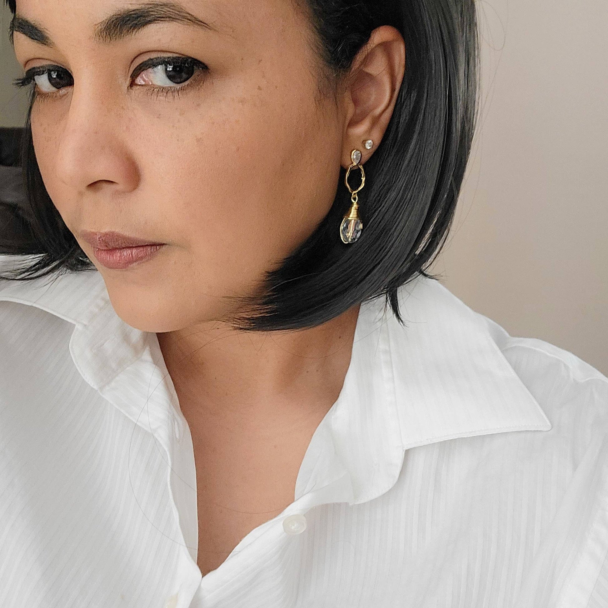 Clear quartz earrings, Huggie hoop earrings, Mini hoop earrings, Gemstone hoop earrings, Quartz Clear Glass Earrings, Large stone earrings