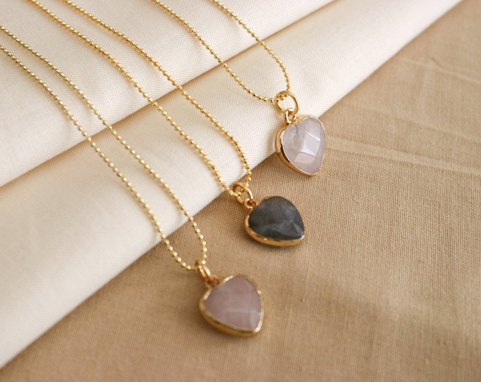Heart Gemstone Necklace, Rose quartz necklace, Clear quartz necklace, thin gold necklaces, Labradorit necklace, Heart necklace gifted