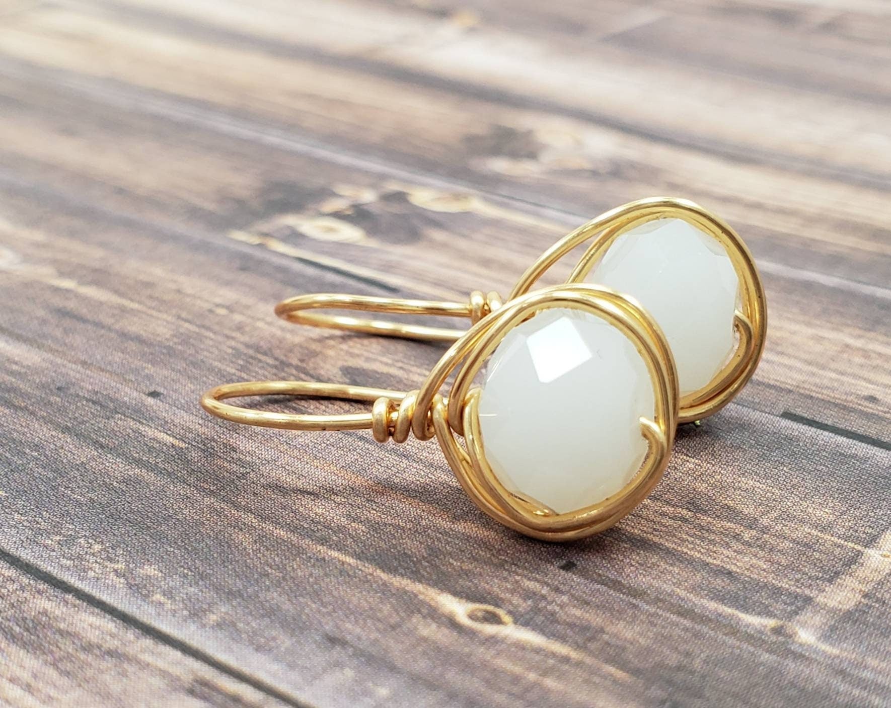 Small white drop crystal earrings, Tiny drop earrings, Gold filled wire wrapped earrings, Cute minimal earrings, Huggie earrings, Asymmetrical earrings
