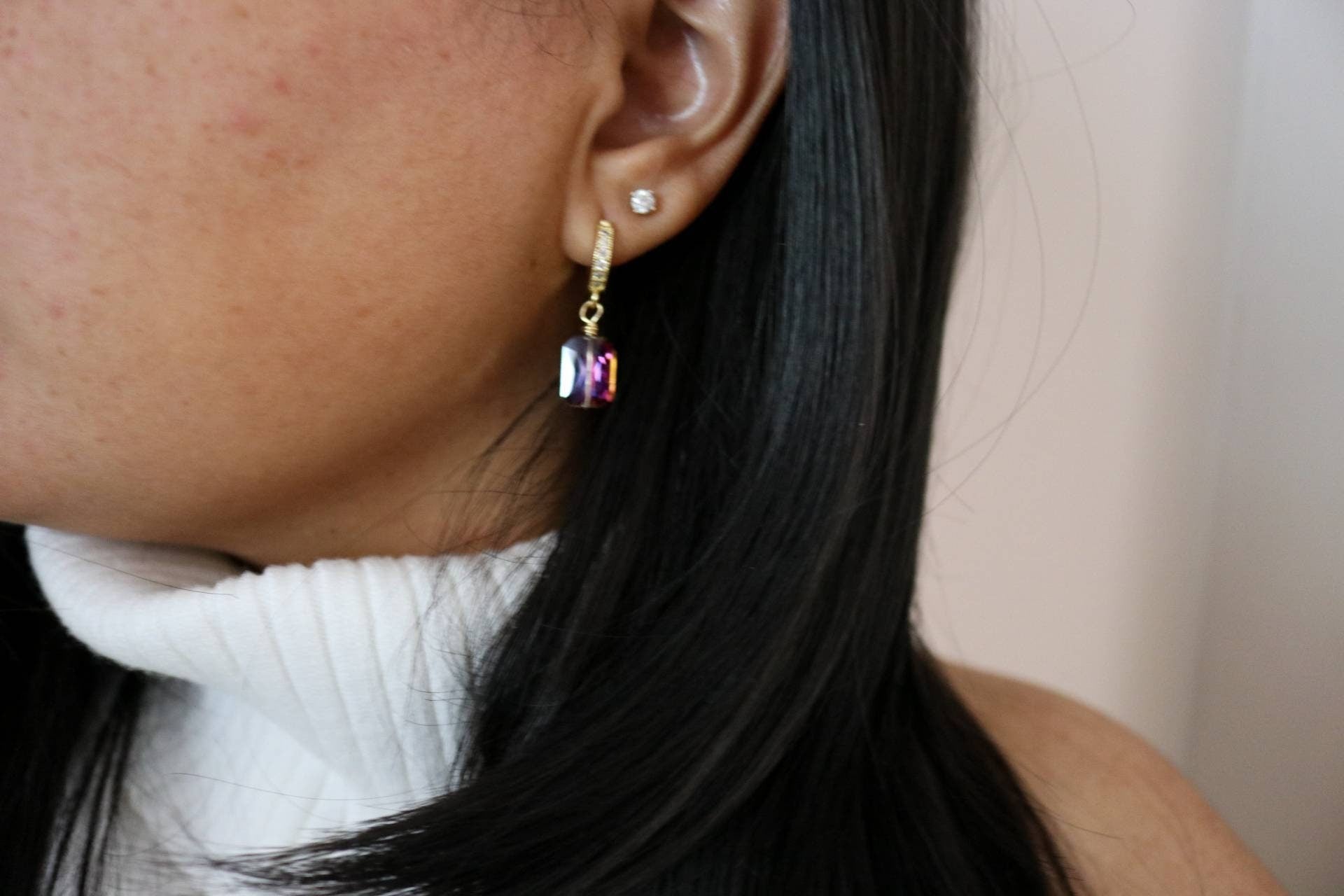 Crystal earrings hoops, diamond earrings, Huggie hoop earrings, Small hoop earrings, Hoop earring with charm, valentines gifts diamond hoops