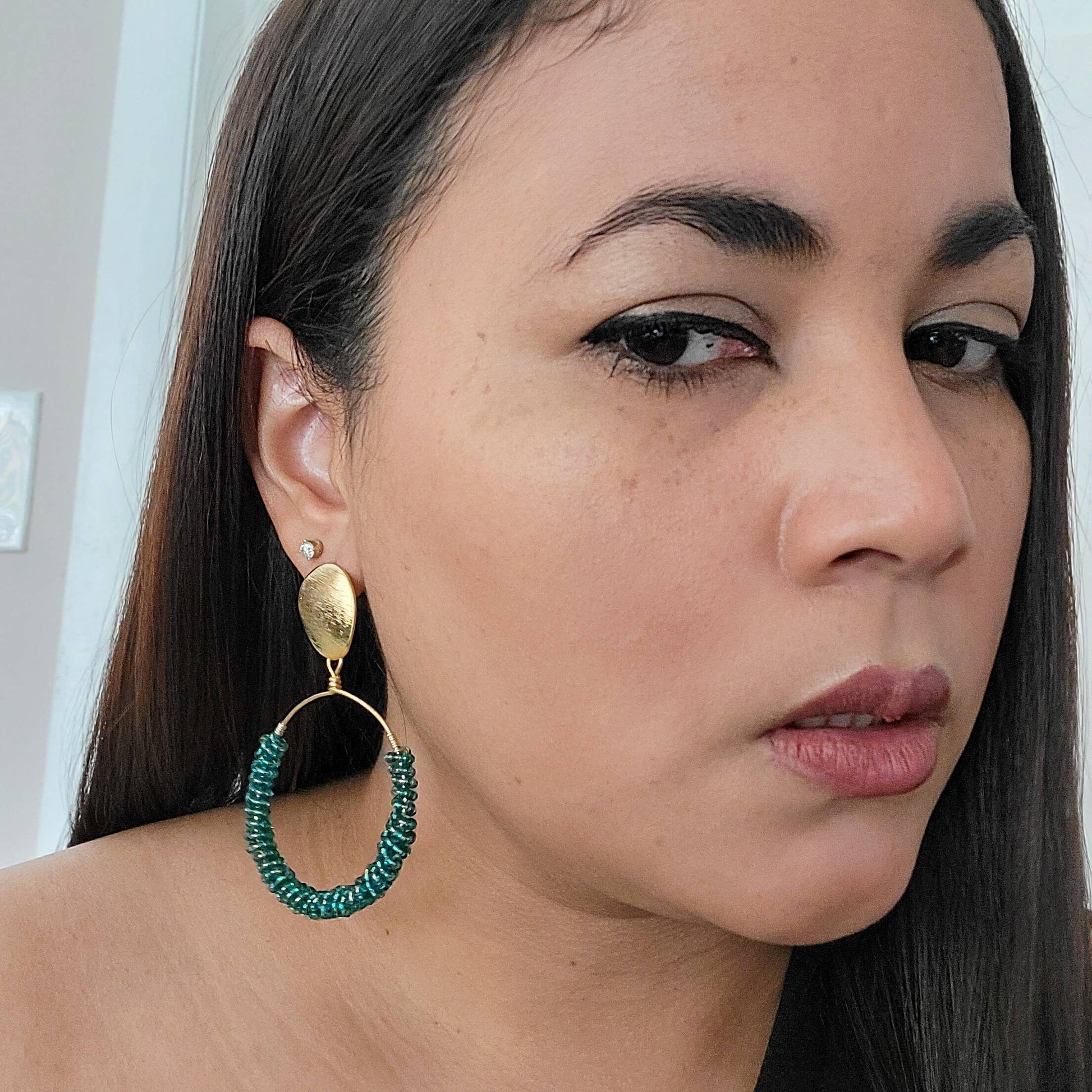 Green Beaded hoop earrings, Thick gold hoop earrings, Large Beaded Hoop Earrings, Chunky hoops earrings, Beaded hoop earrings boho,Big Hoops