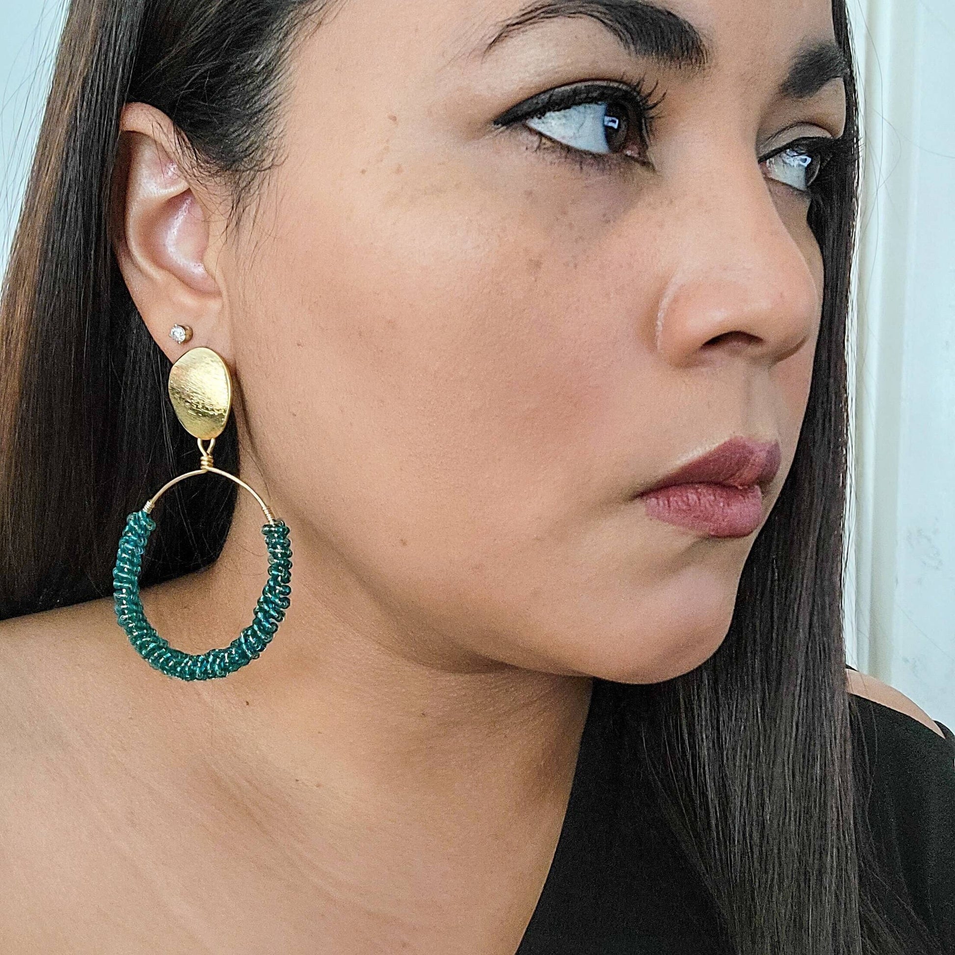 Green Beaded hoop earrings, Thick gold hoop earrings, Large Beaded Hoop Earrings, Chunky hoops earrings, Beaded hoop earrings boho,Big Hoops