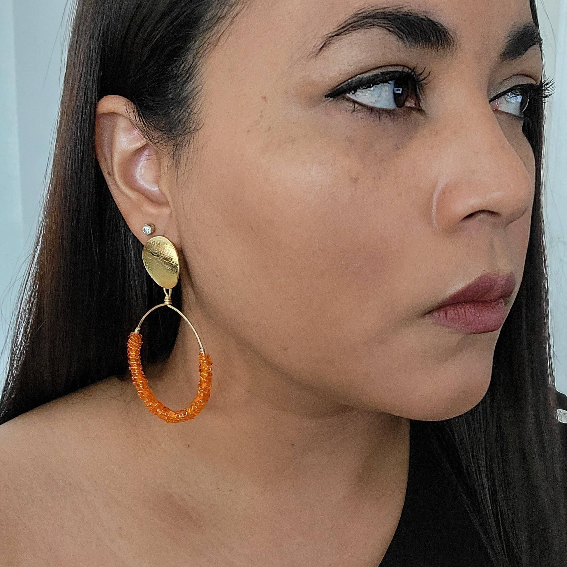 Orange Beaded Hoop earrings, Orange gold  hoop Earrings, Thick hoop earrings, Chunky hoop earrings, Large beaded hoop earrings