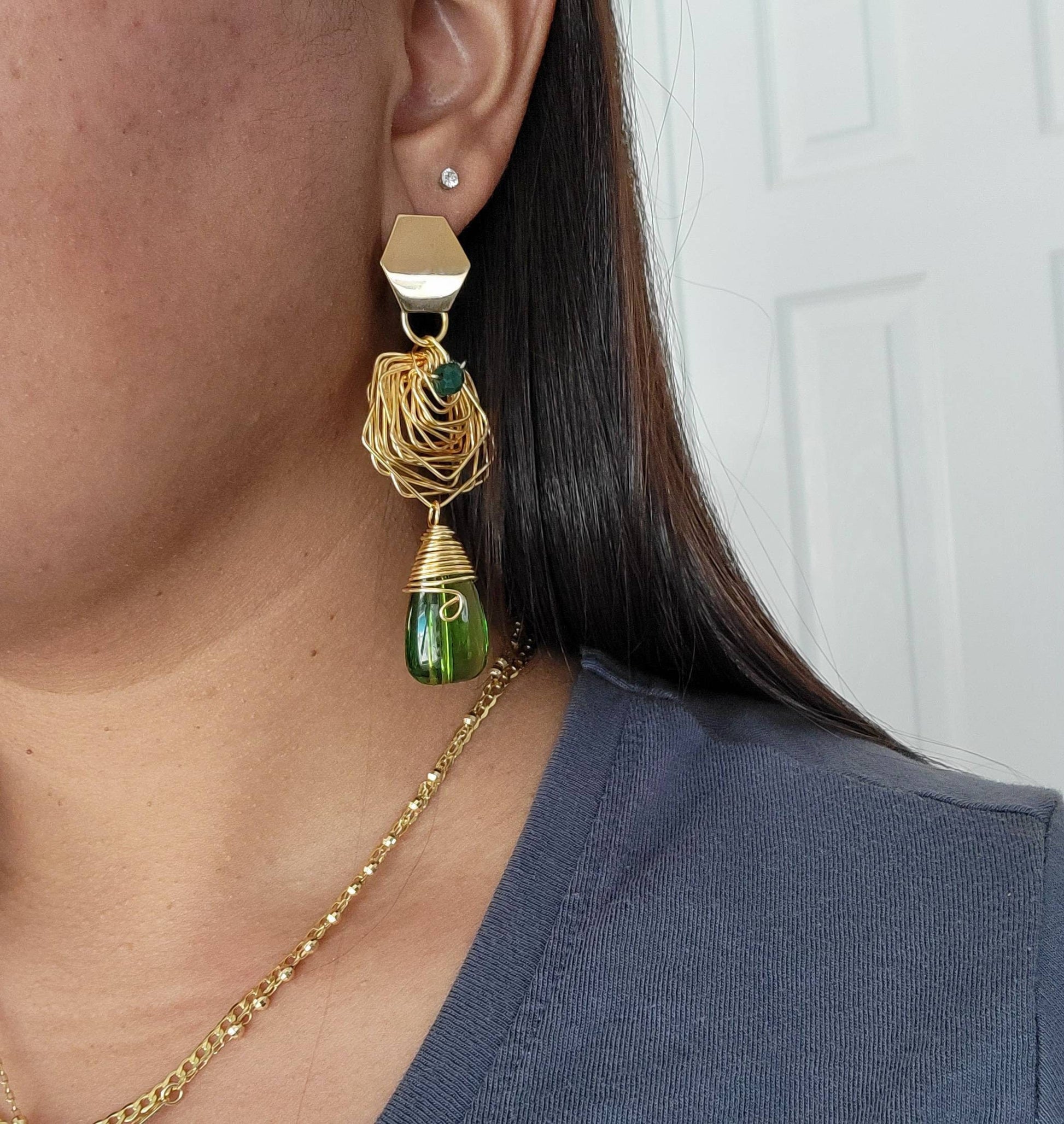 Gold spiral Wire wrap earrings, Large stone earrings, Geometric earrings, Asymmetrical earrings, mothers days gifted, giftful daughter