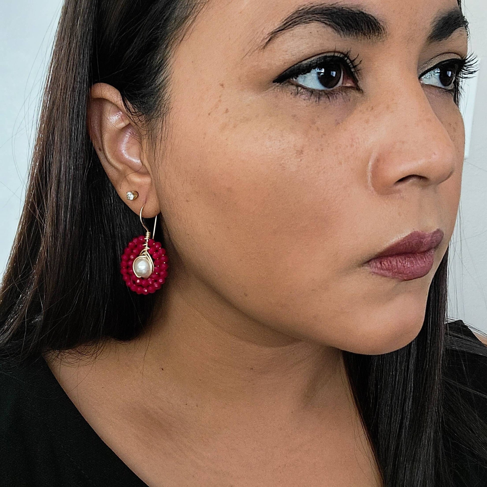 Red Pearl drop earrings, Real pearl earrings, Crystal and pearl drop earrings, Red Crystal dangle, Red crystal earrings, mothers day gift