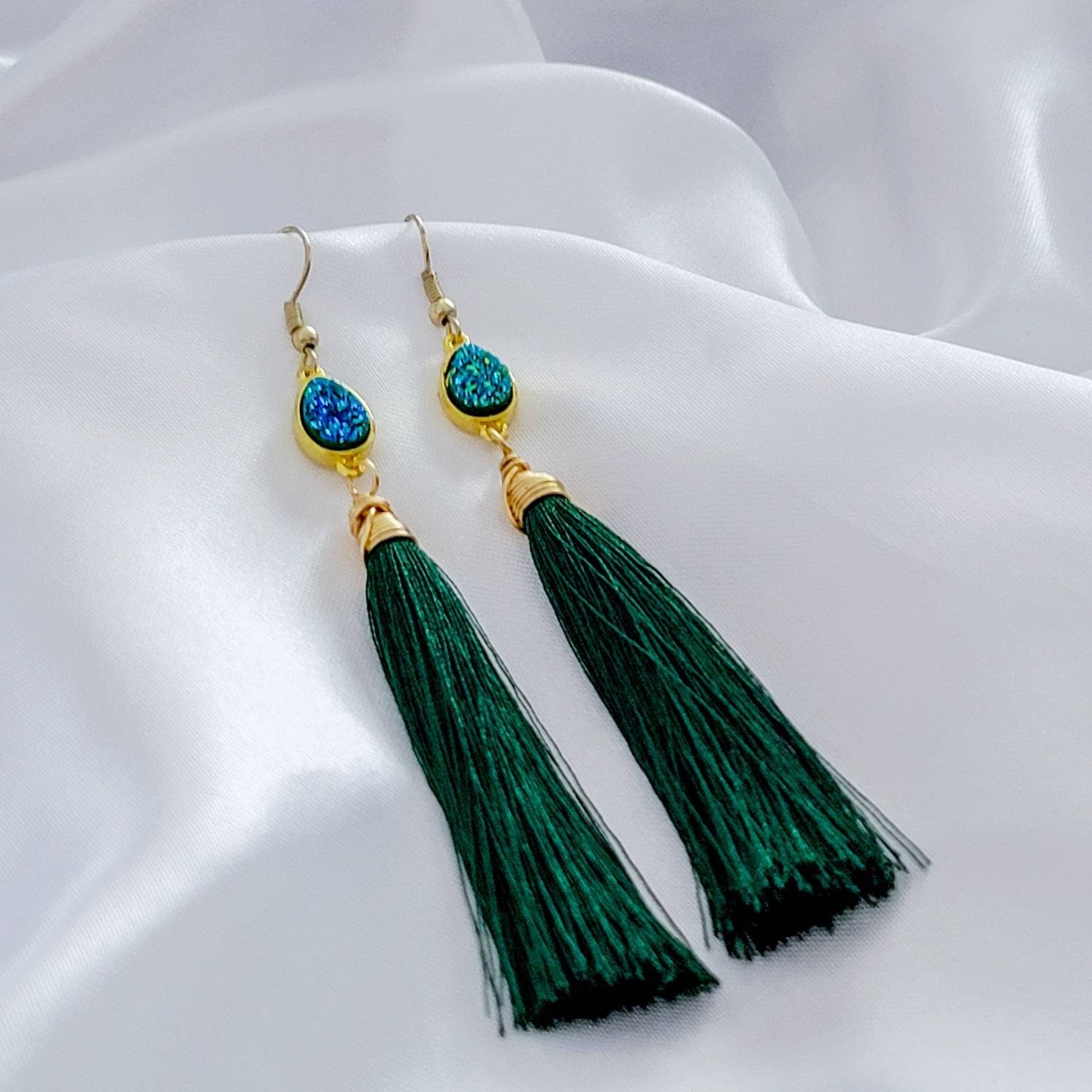 Tassel Earrings, Druzy earrings, Colorful earrings, Large tassel earrings, Long earrings, Silk tassel earrings, Statement tassel earrings