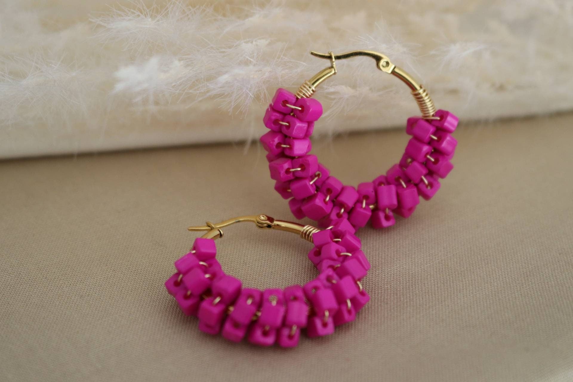 Hot Pink Earrings, thick hoop earrings, Chunky hoop earrings Gold filled hoops, Fuchsia Earrings, gift for- her, summer gifts, beach giftful