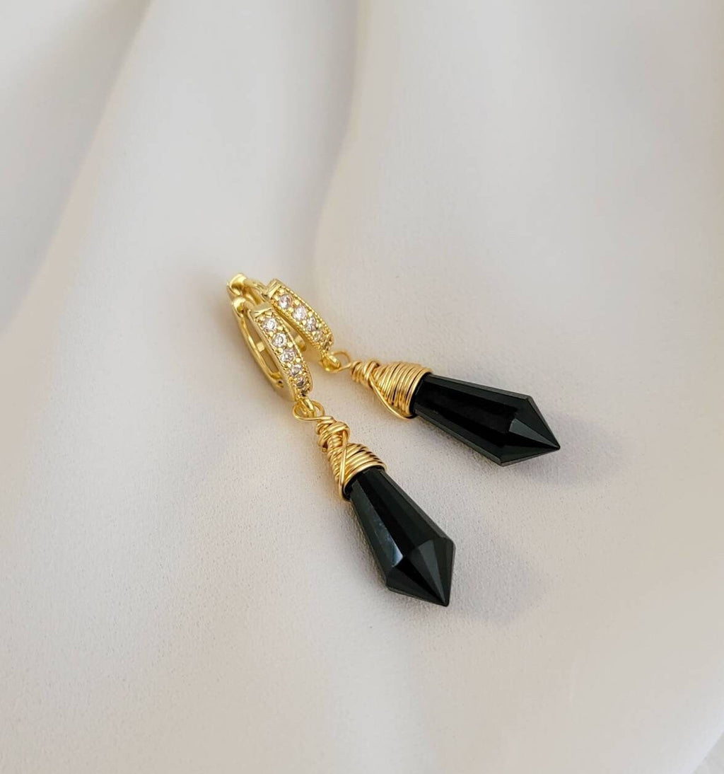 Black crystal hoop earrings, tiny hoop earrings, dainty hoops, huggie hoops, Hoop earrings with charm, minimalist earrings, huggie earrings