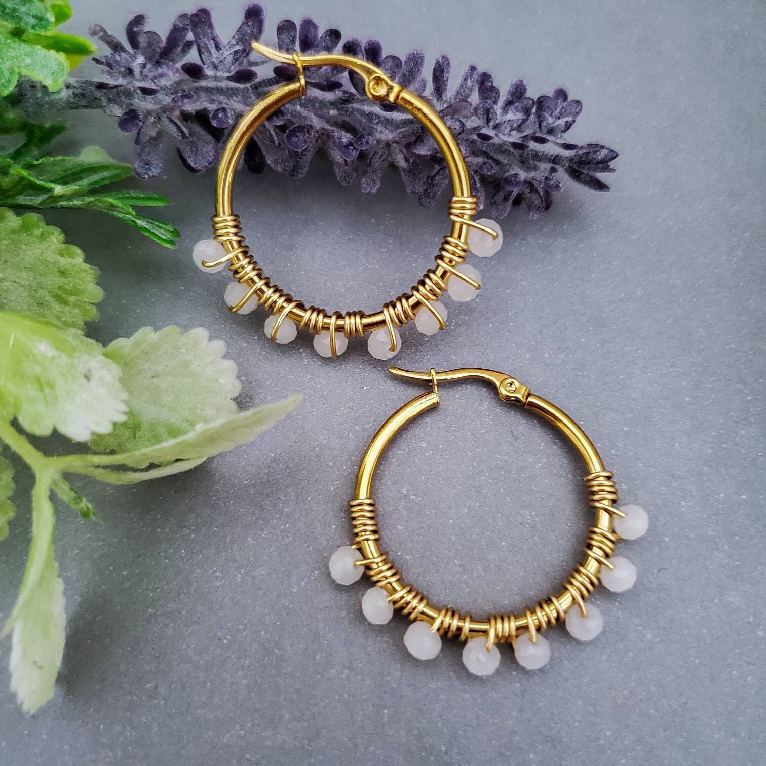 White Crystal Hoop Earrings, Gold filled hoop earrings, 18K Plated Thin Hoop Earrings, Gold Boho Hoops, medium gold hoop, Thin Gold Hoops