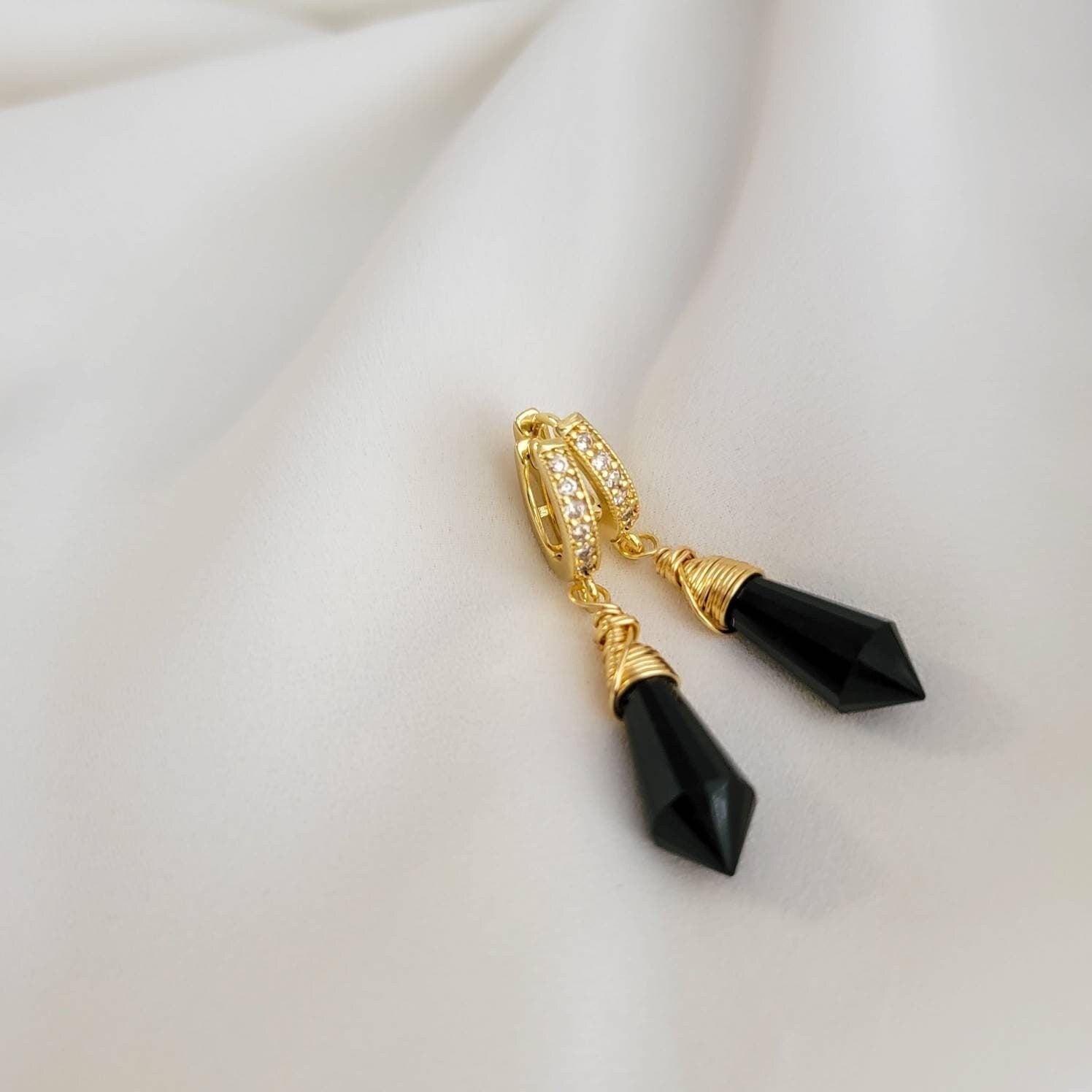 Black crystal hoop earrings, tiny hoop earrings, dainty hoops, huggie hoops, Hoop earrings with charm, minimalist earrings, huggie earrings