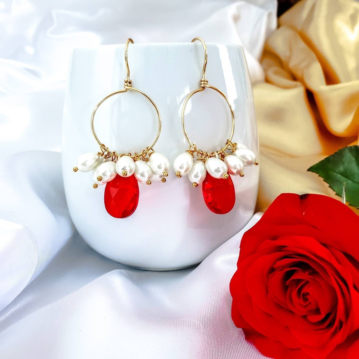 Pearl hoop earrings gold, Dangling Pearl Hoops, Thin gold hoops, Crystal hoop earrings, gifted earrings valentine's gift