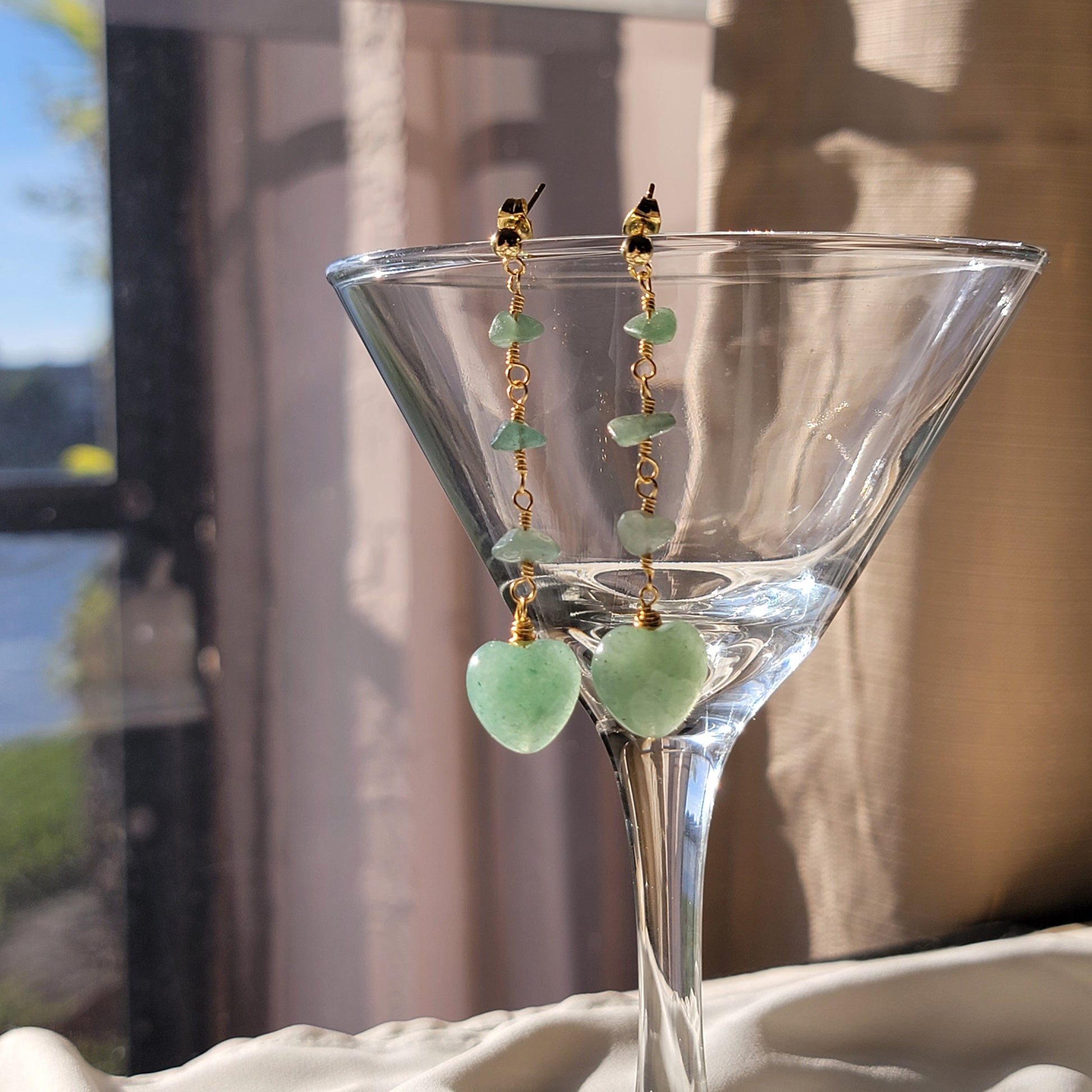Heart Aventurine Earrings, drop earrings, Raw stone earrings, Raw crystal earrings, Heartful earrings, gifted earrings valentine's gift