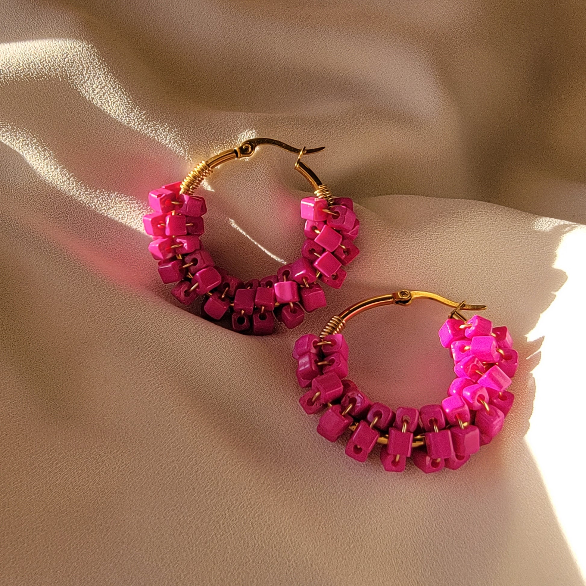 Hot Pink Earrings, thick hoop earrings, Chunky hoop earrings Gold filled hoops, Fuchsia Earrings, gift for- her, summer gifts, beach giftful