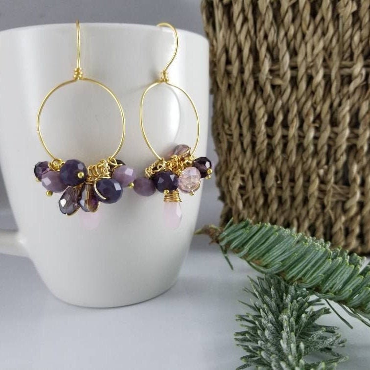 Pink Purple Hoop crystal Earrings, Thin Hoop Earrings, Raw Crystal Earrings, Large Hoop Earrings, Gold Filled Hoop Earrings, gift personally