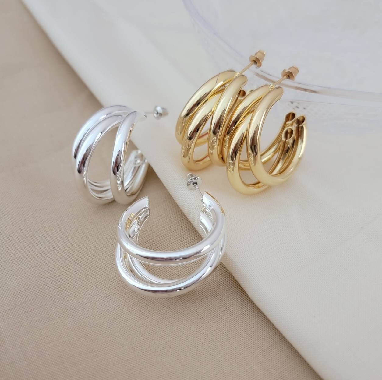 Triple Hoop Earrings, chunky thick hoop earrings, thick hoop silver earring,  chunky gold hoops, earring for hers, gifted mom giftful