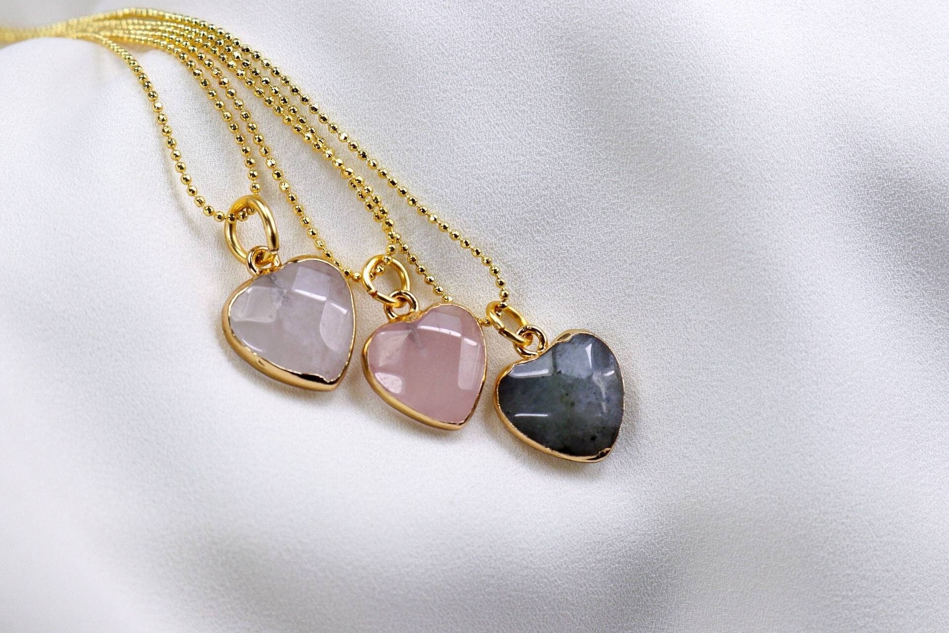 Heart Gemstone Necklace, Rose quartz necklace, Clear quartz necklace, thin gold necklaces, Labradorit necklace, Heart necklace gifted