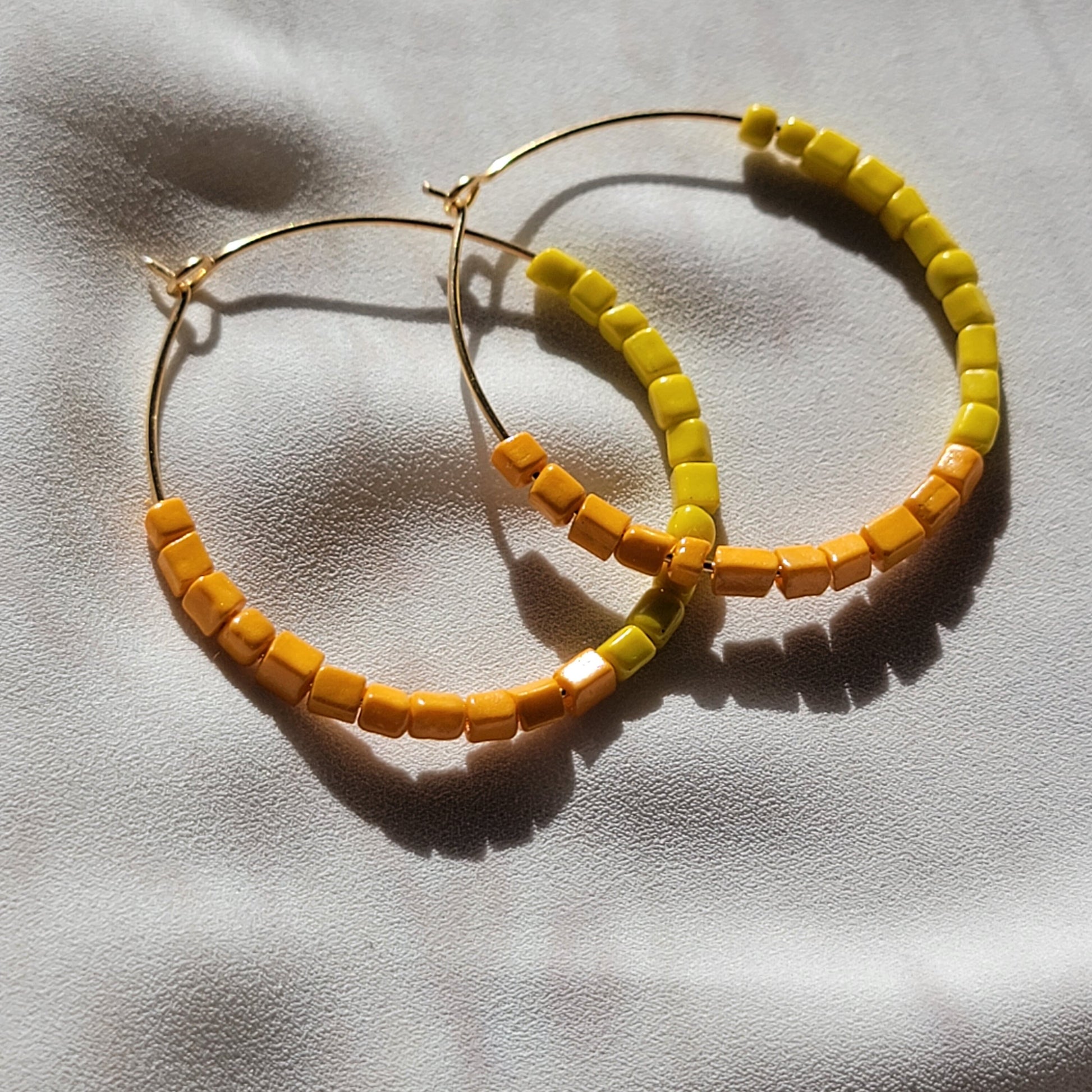 Yellow Orange Hoop Earrings, Neon bright colorfulBeaded thin hoop Earrings, Everyday earrings, Summer earrings, Colorful hoopearring
