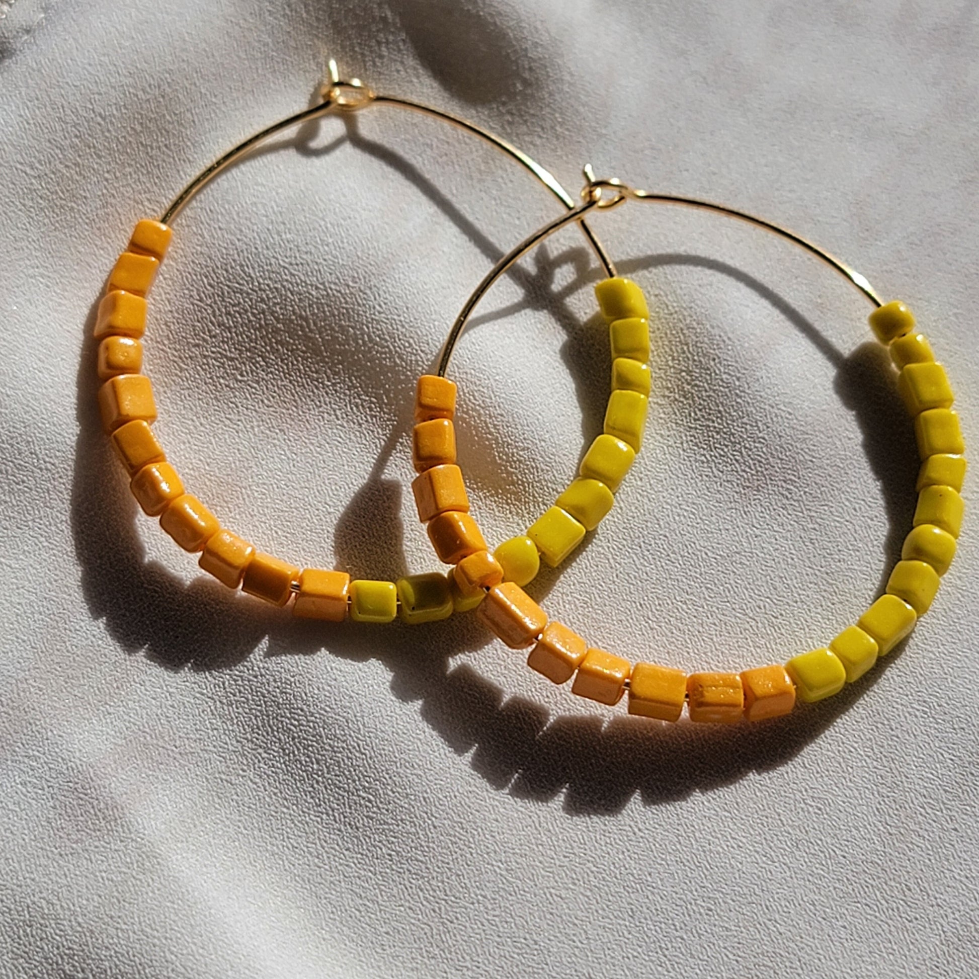 Yellow Orange Hoop Earrings, Neon bright colorfulBeaded thin hoop Earrings, Everyday earrings, Summer earrings, Colorful hoopearring