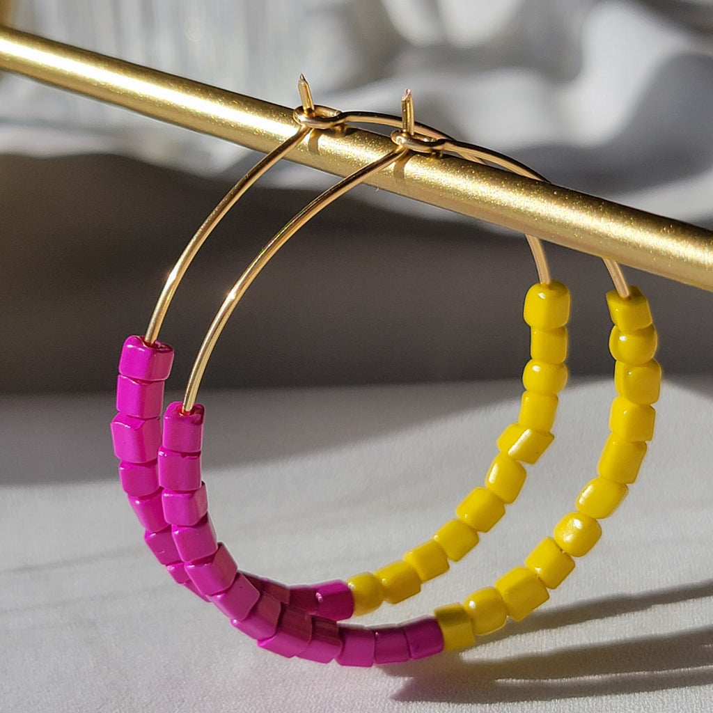 Pink and Yellow Hoop Earrings, Beaded thin hoop Earrings, Gold filled hoops, Fuchsia colorful earrings, Everyday earrings, Summer earrings