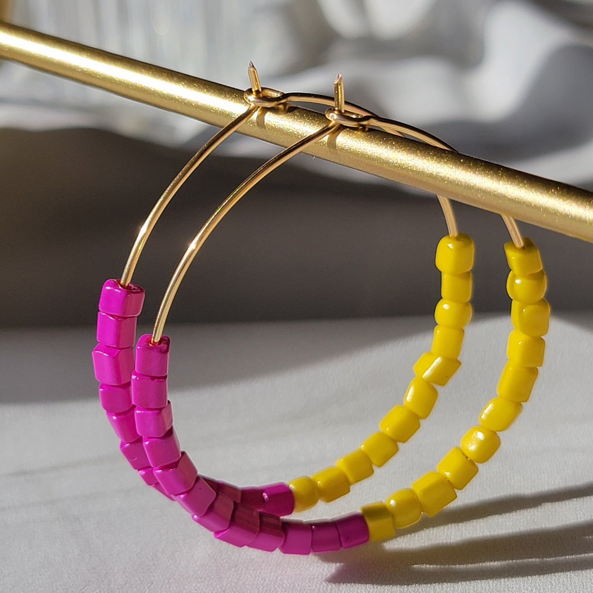 Pink and Yellow Hoop Earrings, Beaded thin hoop Earrings, Gold filled hoops, Fuchsia colorful earrings, Everyday earrings, Summer earrings
