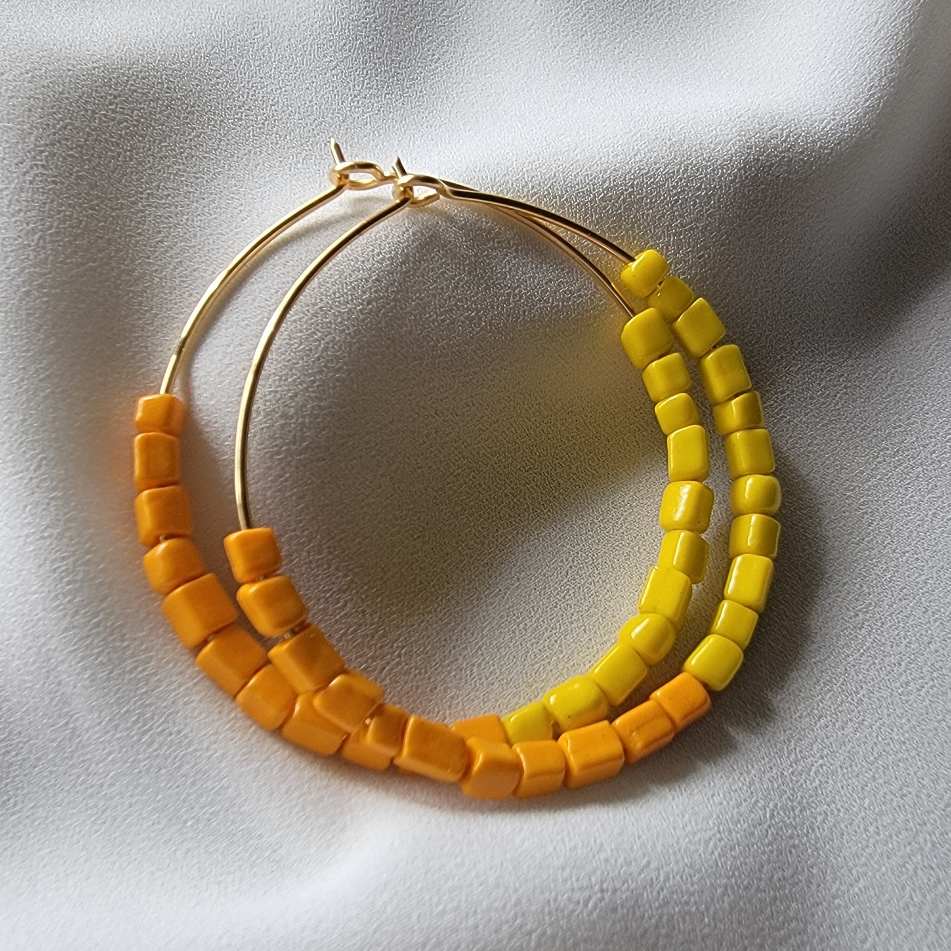 Yellow Orange Hoop Earrings, Neon bright colorfulBeaded thin hoop Earrings, Everyday earrings, Summer earrings, Colorful hoopearring