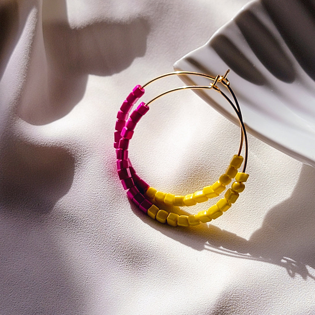 Pink and Yellow Hoop Earrings, Beaded thin hoop Earrings, Gold filled hoops, Fuchsia colorful earrings, Everyday earrings, Summer earrings