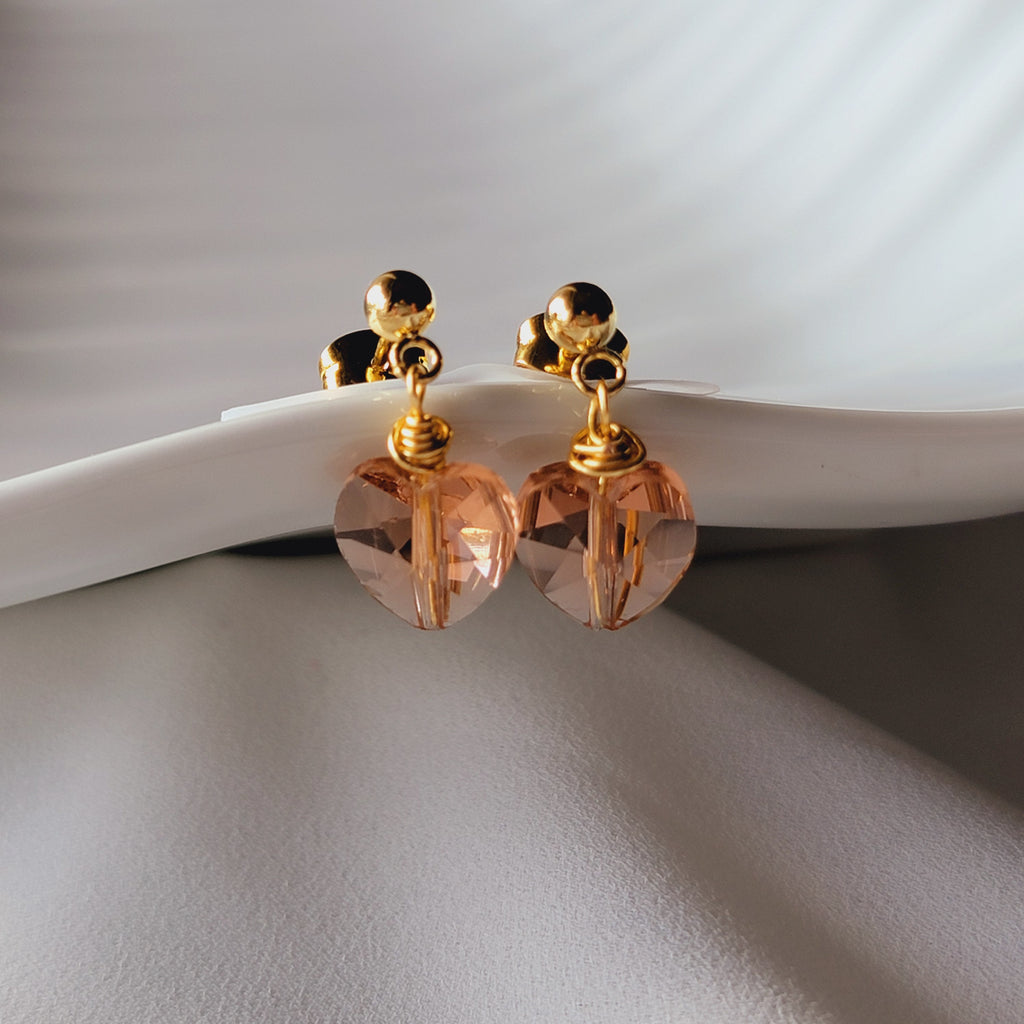 Pink Heart Earrings, Heart Crystal earrings, Small love earrings, Rose Quartz Heart Earrings, Heart shaped earring, Rose quartz gifts