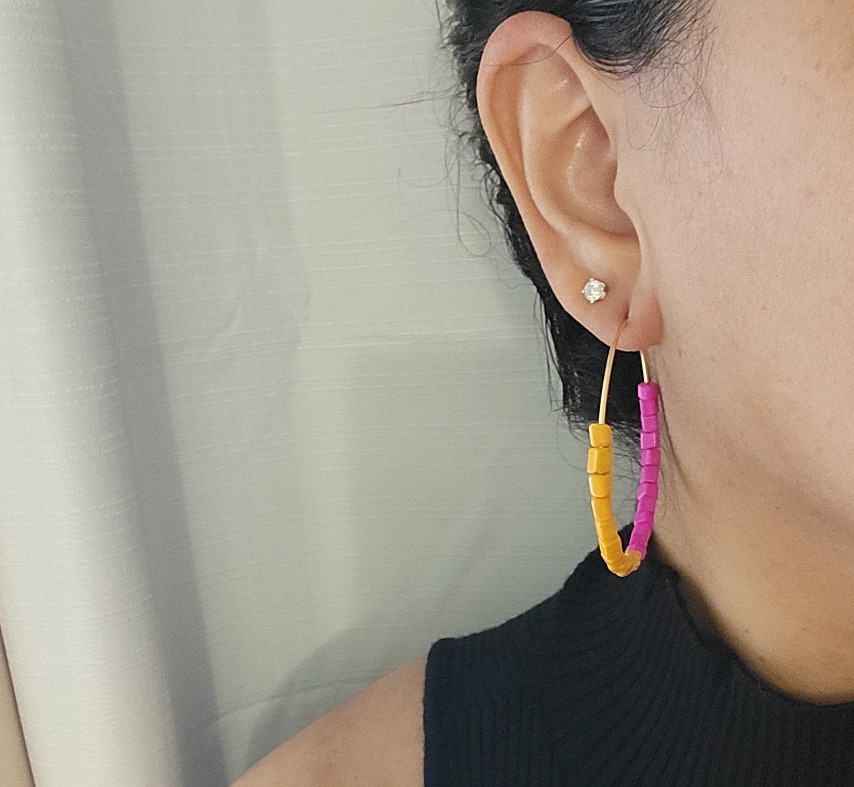 Pink Orange Hoop Earrings, Beaded thin hoop Earrings, Gold filled hoops, Fuchsia colorful earrings, Everyday earrings, Summer earrings
