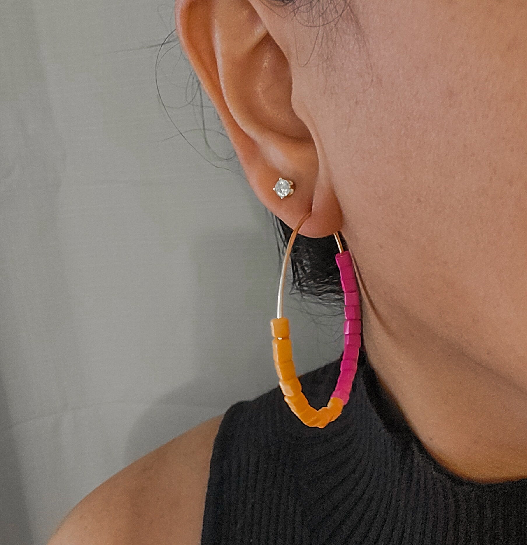 Pink Orange Hoop Earrings, Beaded thin hoop Earrings, Gold filled hoops, Fuchsia colorful earrings, Everyday earrings, Summer earrings