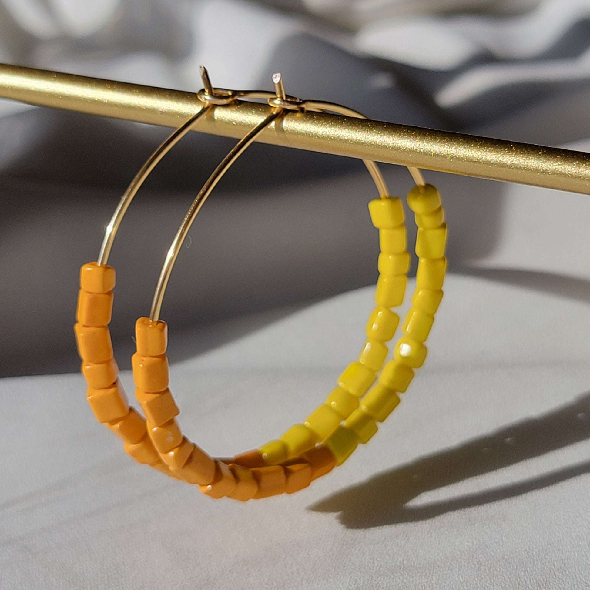 Yellow Orange Hoop Earrings, Neon bright colorfulBeaded thin hoop Earrings, Everyday earrings, Summer earrings, Colorful hoopearring