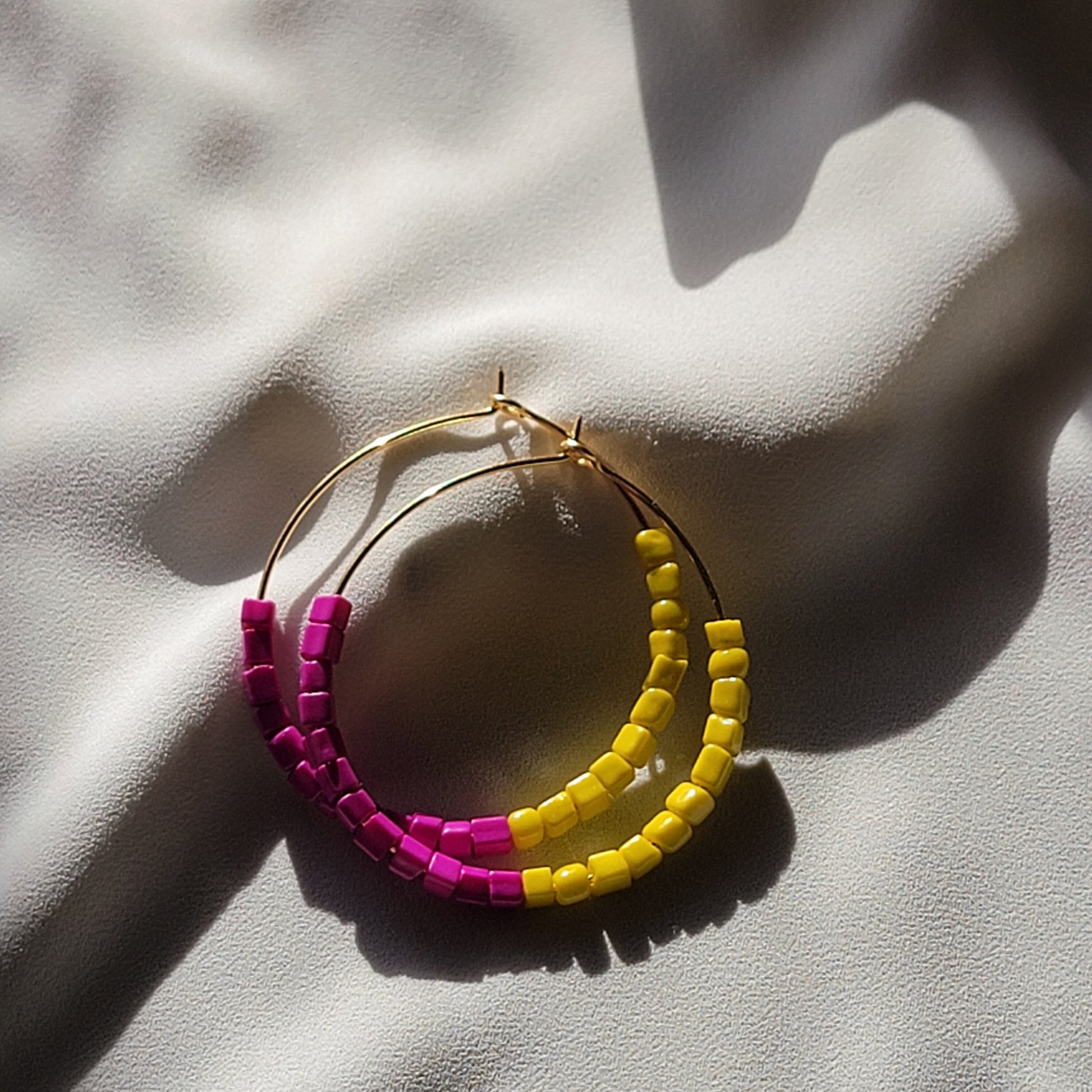 Pink and Yellow Hoop Earrings, Beaded thin hoop Earrings, Gold filled hoops, Fuchsia colorful earrings, Everyday earrings, Summer earrings