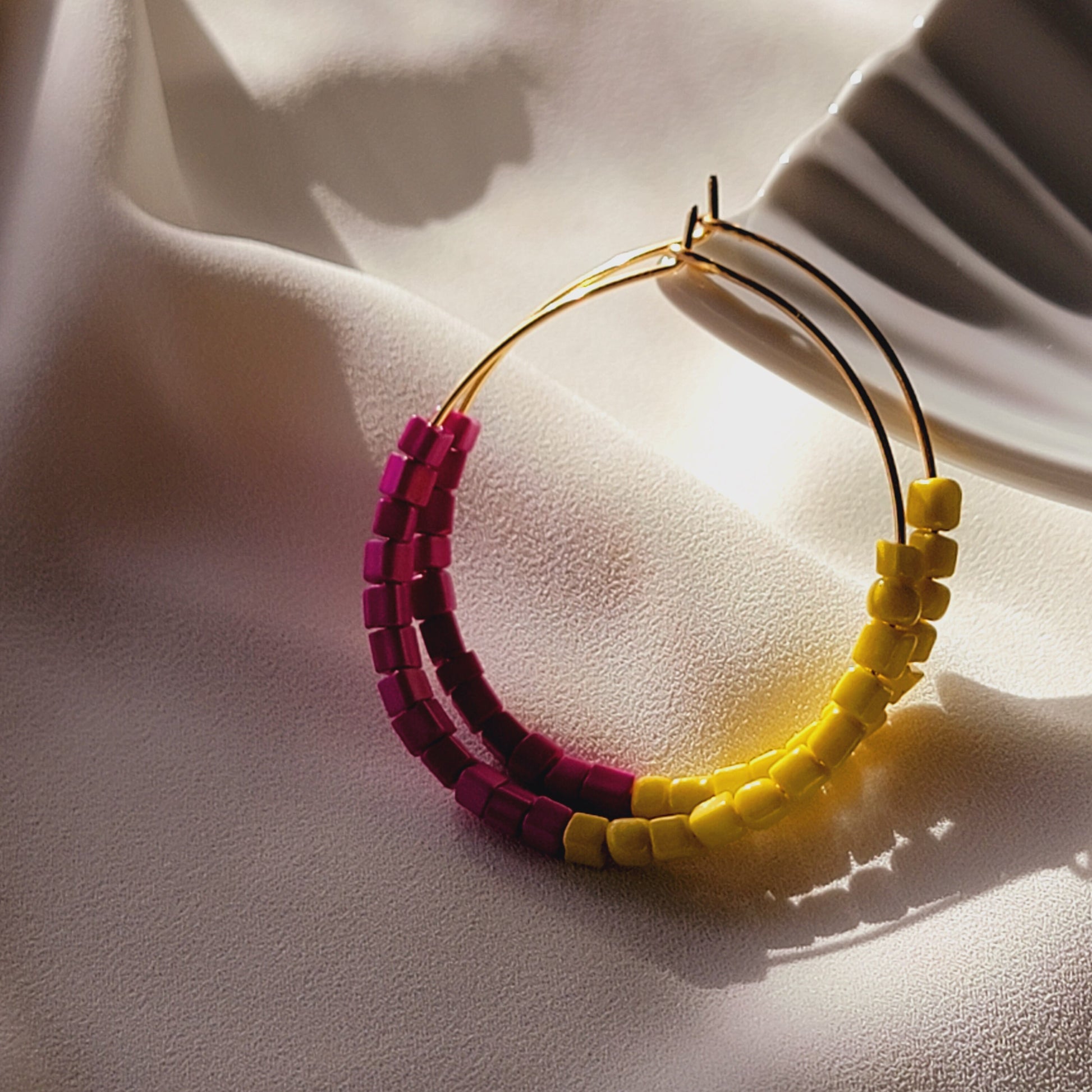 Pink and Yellow Hoop Earrings, Beaded thin hoop Earrings, Gold filled hoops, Fuchsia colorful earrings, Everyday earrings, Summer earrings