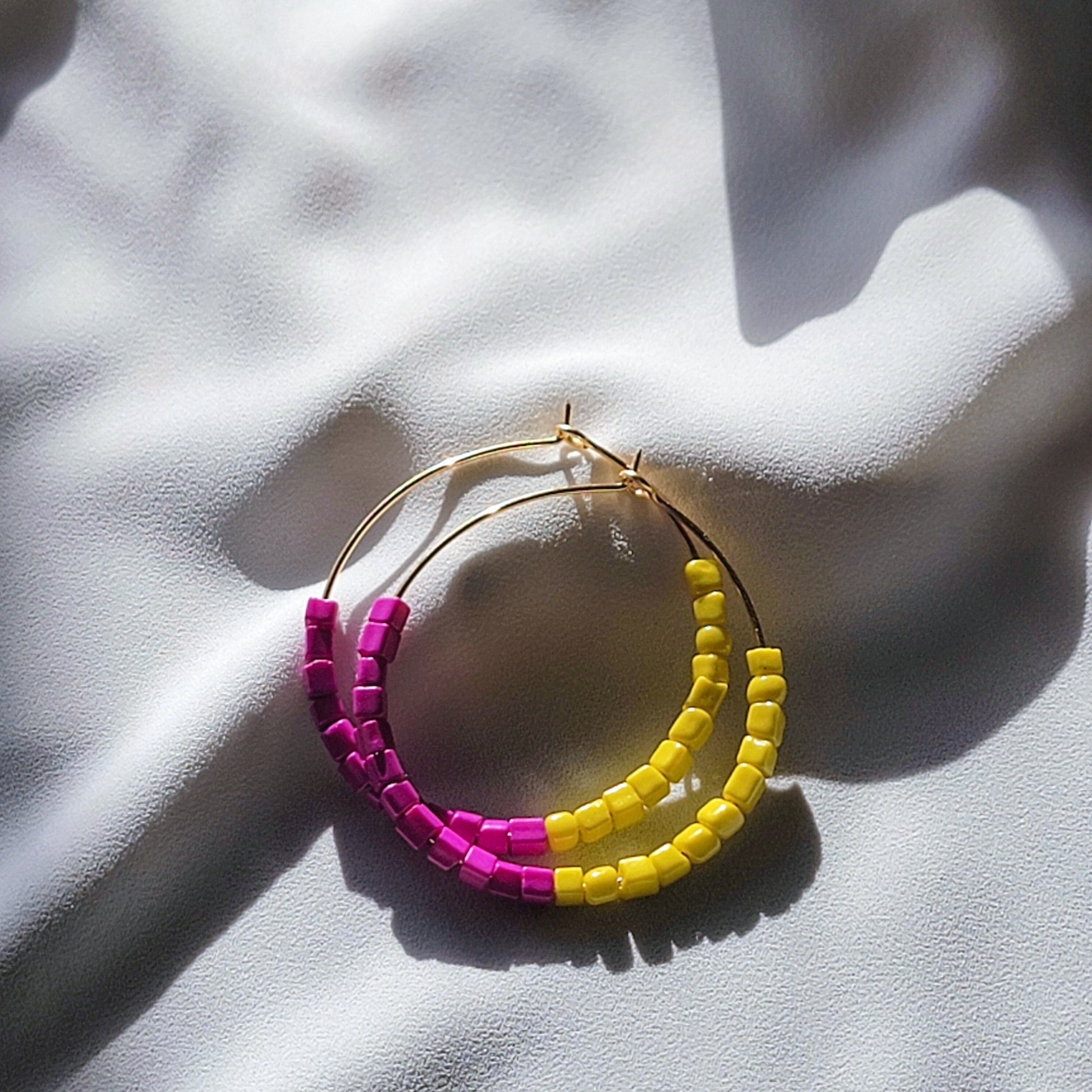 Pink and Yellow Hoop Earrings, Beaded thin hoop Earrings, Gold filled hoops, Fuchsia colorful earrings, Everyday earrings, Summer earrings