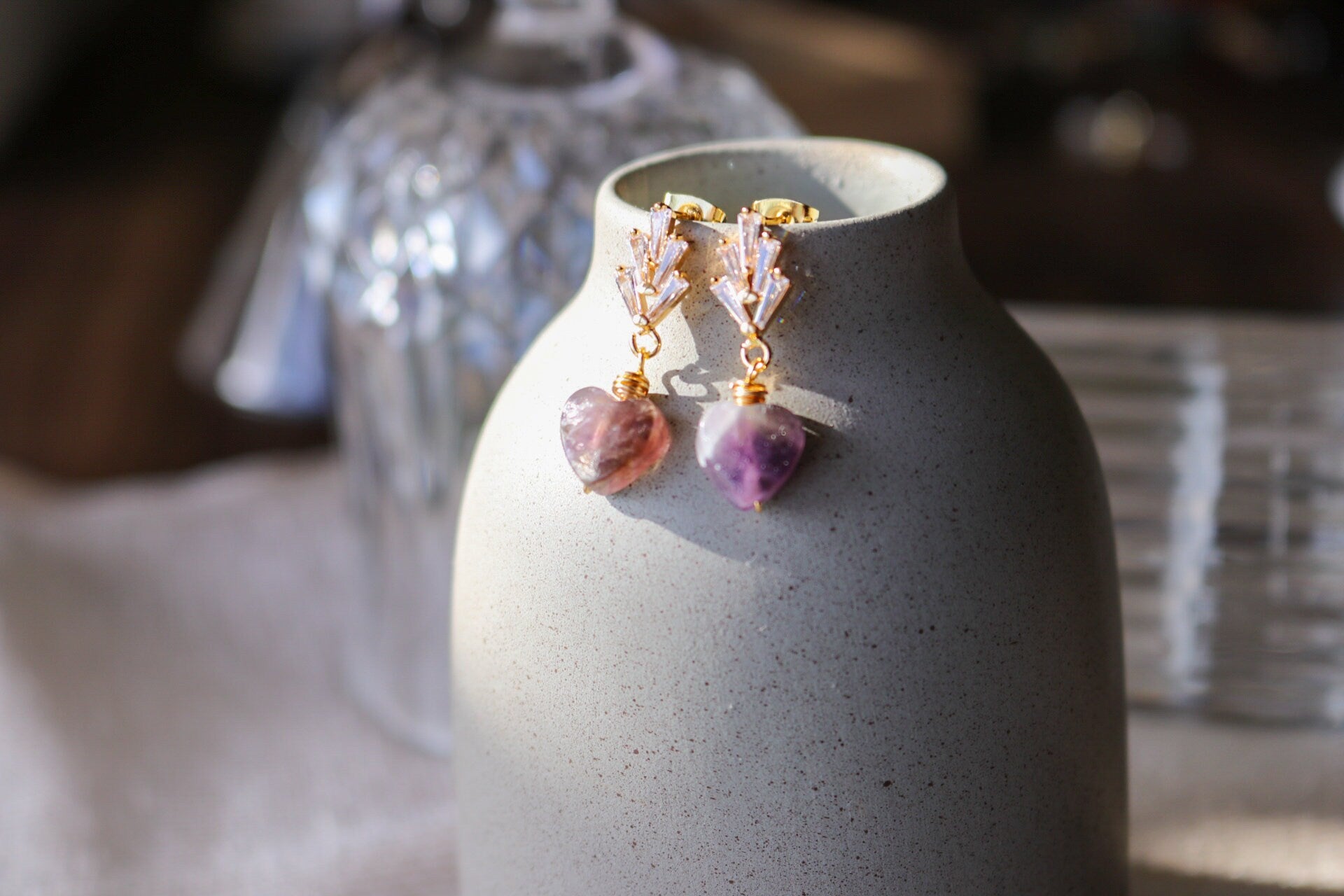 Heart amethyst earrings, Minimalistic earrings, Valentins earrings, gifted birthday, bridesmaide gift, anniversary giftful, giftful earrings