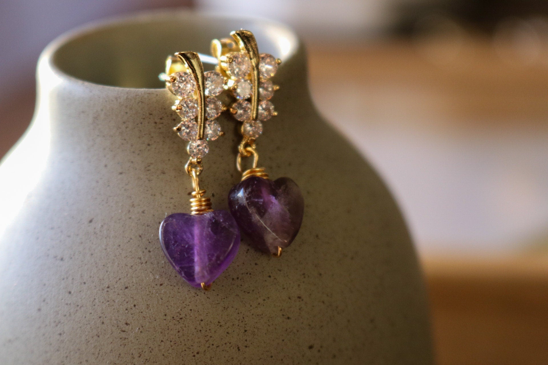Amethyst Heart Earrings, Minimalistic earrings, Valentins earrings, gifted birthday, bridesmaide gift, anniversary giftful, giftful earrings