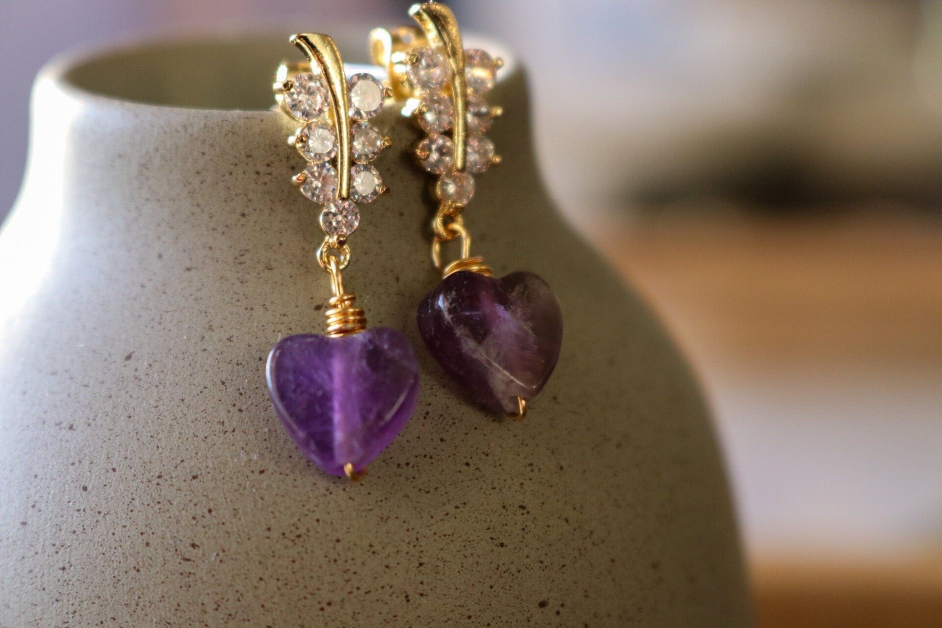 Amethyst Heart Earrings, Minimalistic earrings, Valentins earrings, gifted birthday, bridesmaide gift, anniversary giftful, giftful earrings