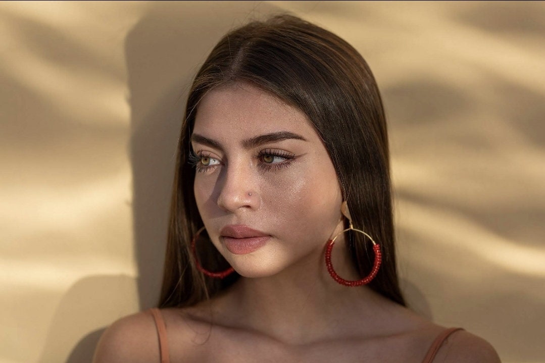Beaded hoop earrings, Chunky gold hoops, Large hoop earrings, giftful anniversary, giftful sister, gift mothers days