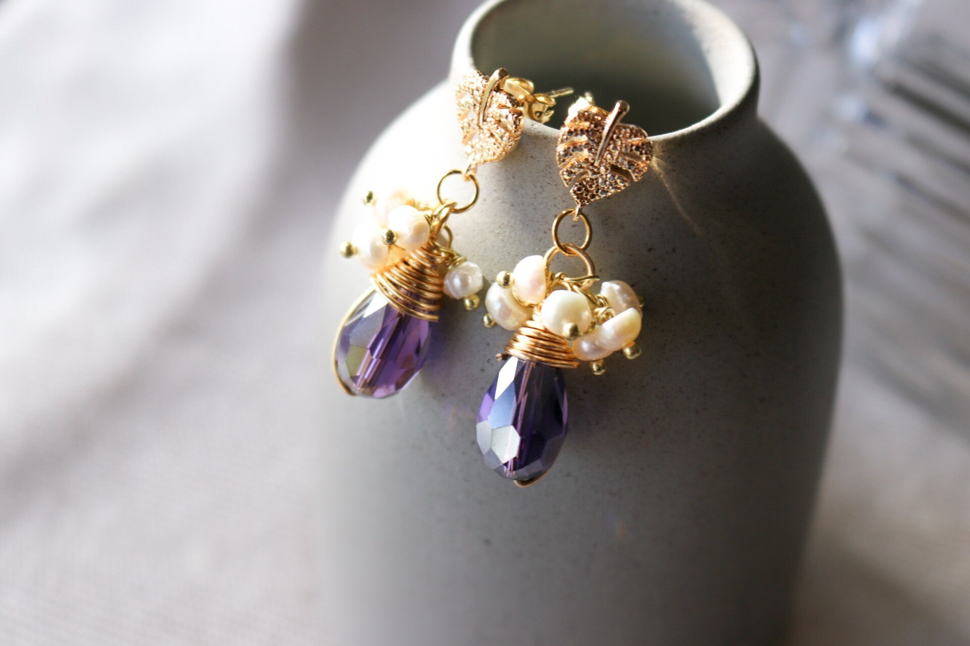 Natural Freshwater Pearl Earrings, Leaf Dangle Earrings, Grapes Fruit Earring, Monstera leaf, Palm leaf, Tropical earrings, Bride earring