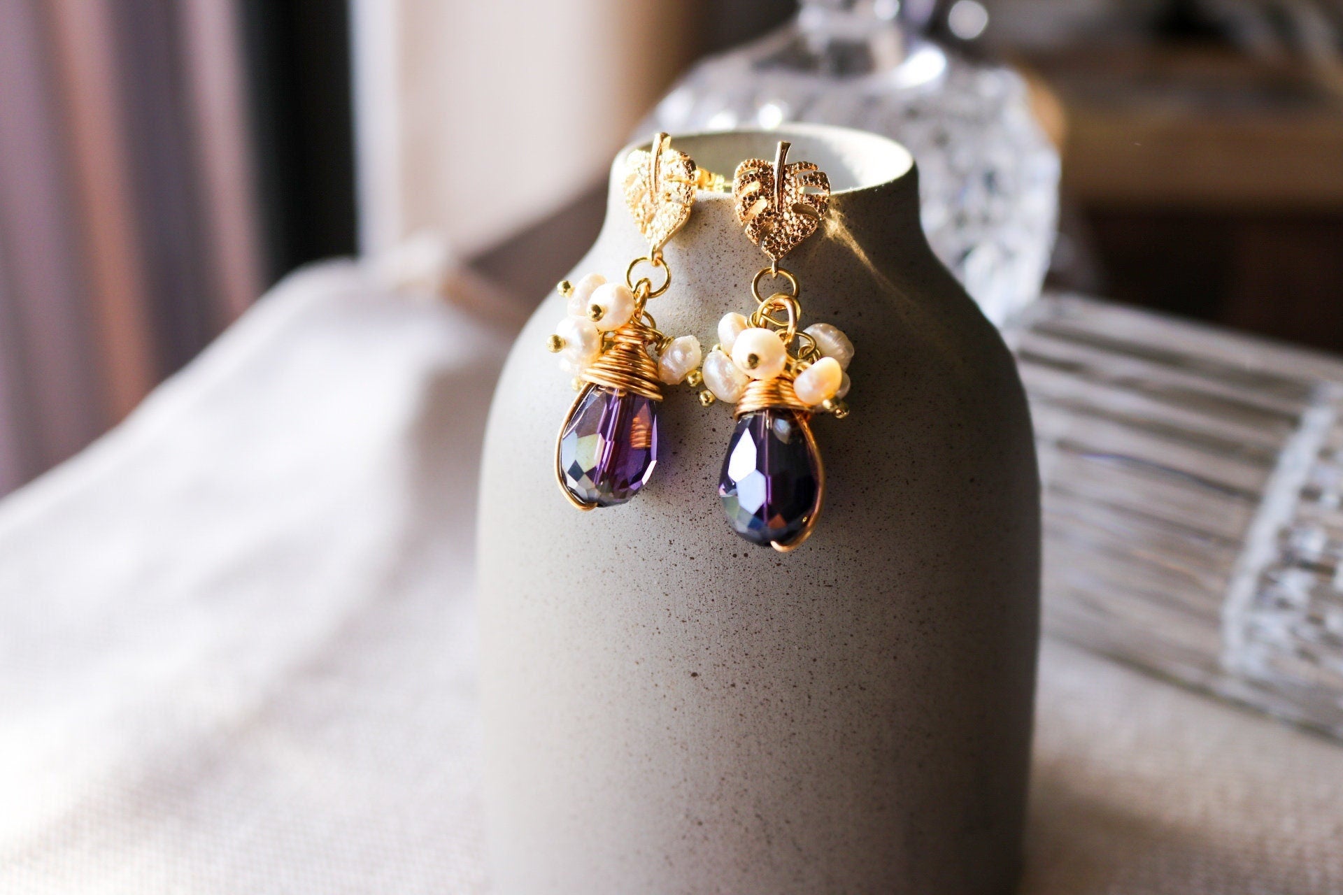 Natural Freshwater Pearl Earrings, Leaf Dangle Earrings, Grapes Fruit Earring, Monstera leaf, Palm leaf, Tropical earrings, Bride earring