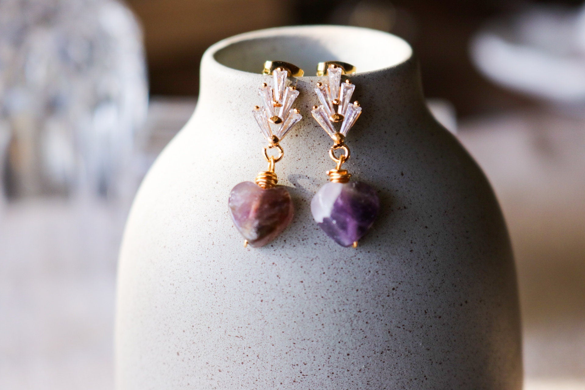 Heart amethyst earrings, Minimalistic earrings, Valentins earrings, gifted birthday, bridesmaide gift, anniversary giftful, giftful earrings