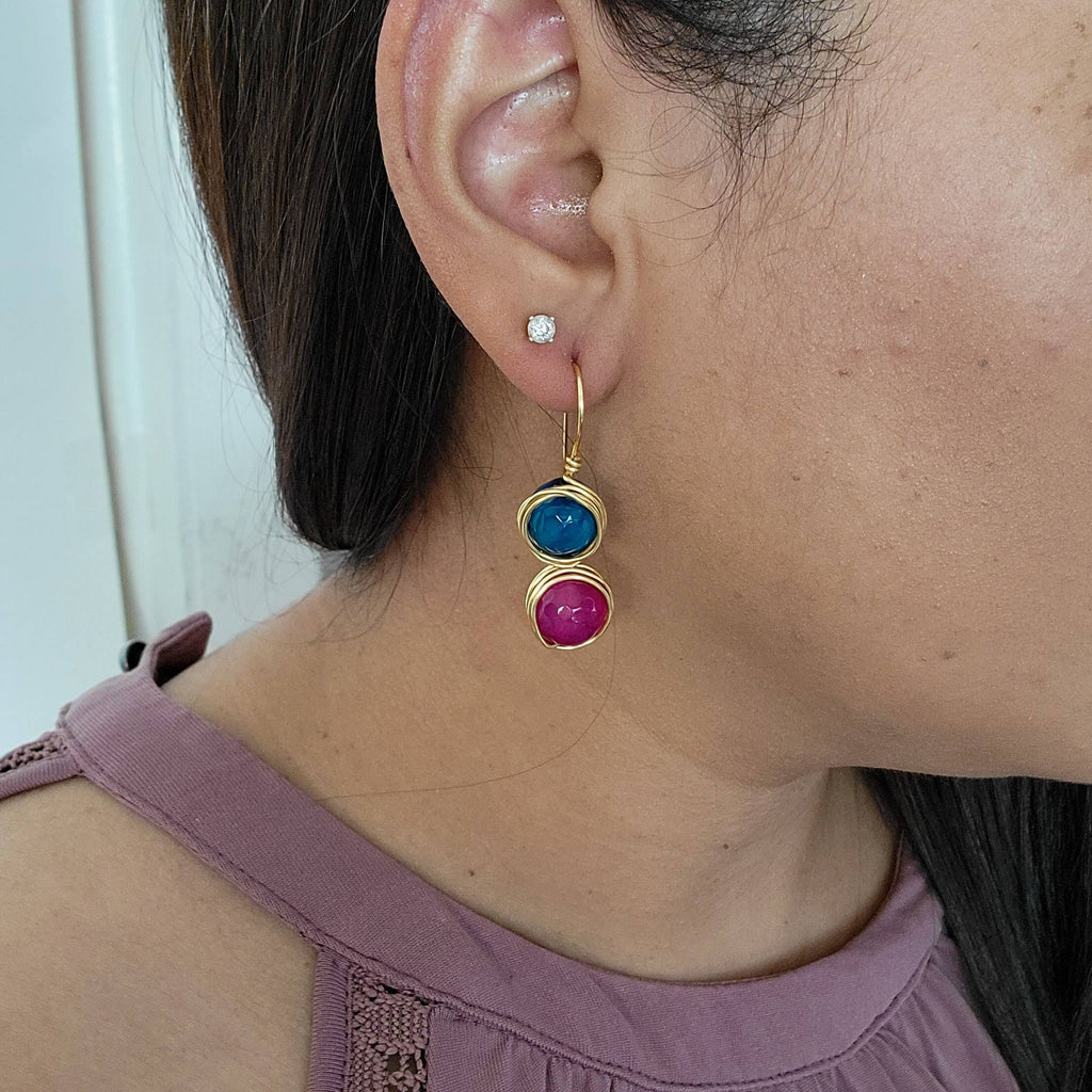 Agate Drop Earrings, Blue Pink Agate Earrings, Natural Agate Earrings, Hot Pink agate Earrings, statement earrings, festival jewelry